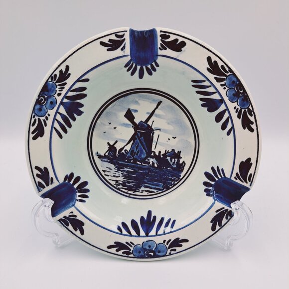 Vintage Blue Delft Hand Painted Holland Dutch Windmill House Ceramic Ashtray - Picture 1 of 9